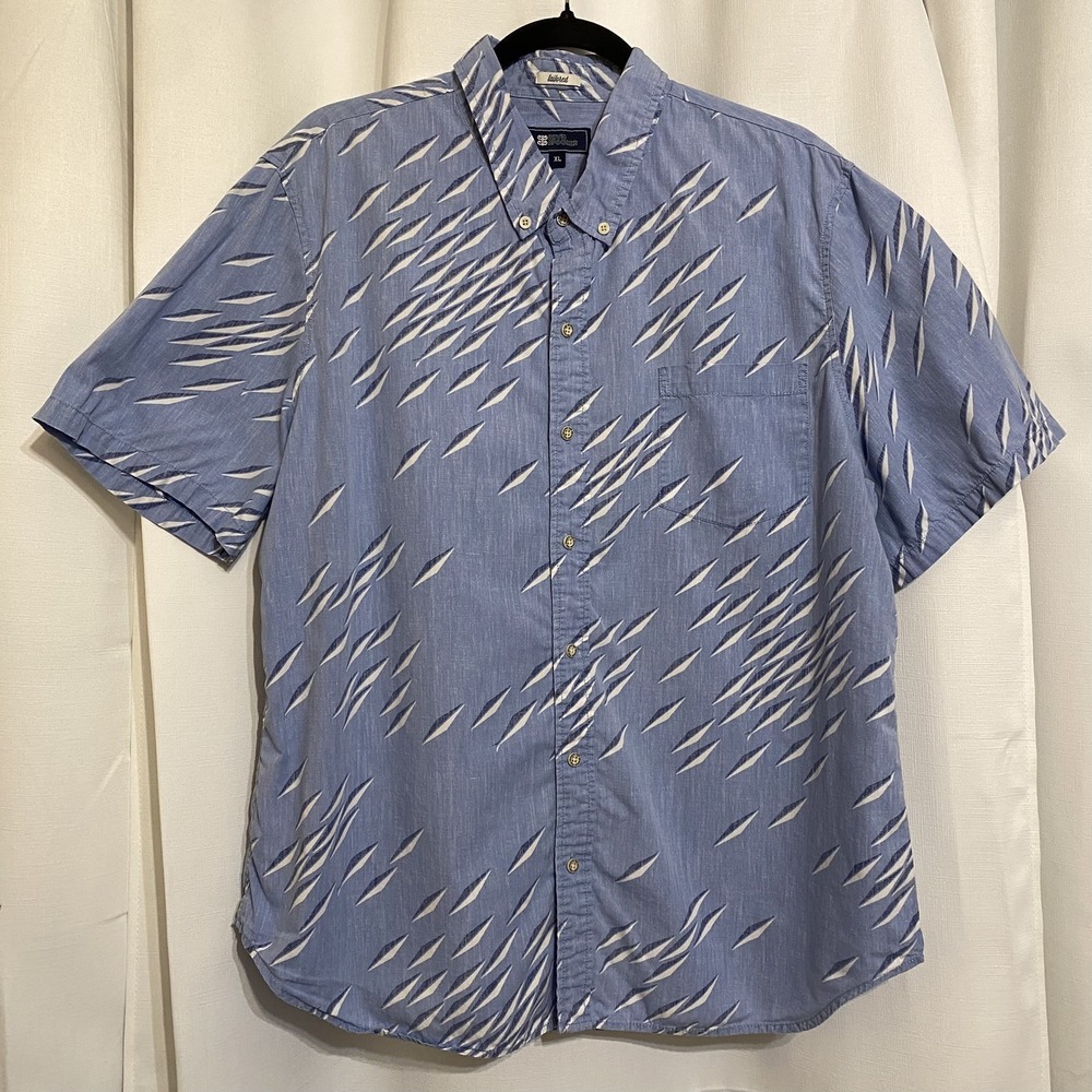 Reyn Spooner Hawaiian Aloha‎ Shirt Mens XL Geometric Fish Blue Office Casual
